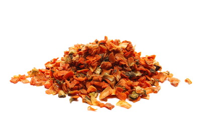 Dry chopped carrot pieces, vegetable slices isolated on white background
