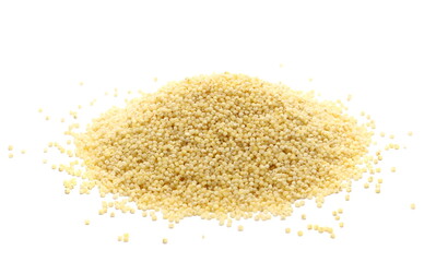 Fototapeta na wymiar Peeled yellow millet seeds, organic food product isolated on white background