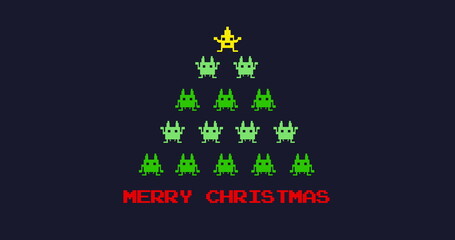 Image of the words Merry Christmas and digital Christmas tree with star and Christmas decoration