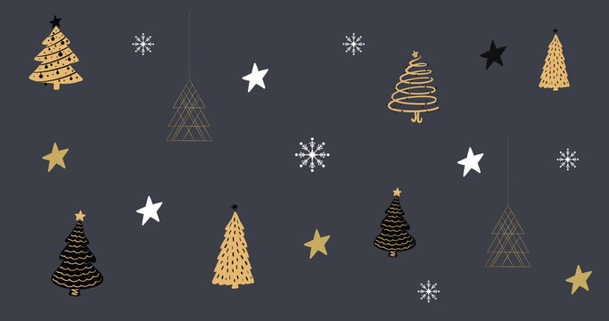 Multiple Christmas trees and stars against grey background