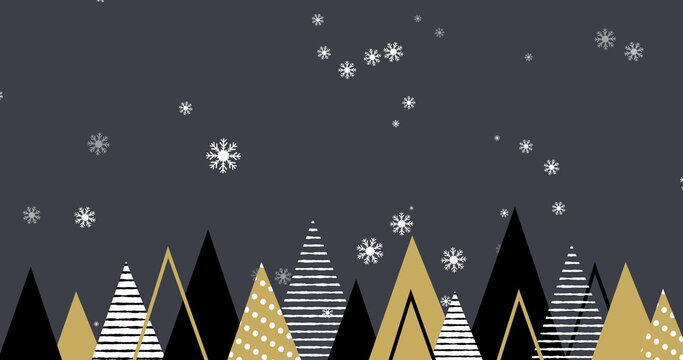 Snowflakes falling on Christmas trees against grey background