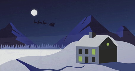 Naklejka premium Silhouette of Santa Claus in sleigh being pulled by reindeers against moon and winter landscape