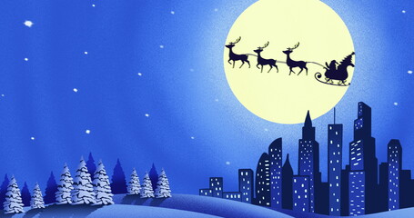 Fototapeta premium Silhouette of Santa Claus in sleigh being pulled by reindeers against moon and winter landscape
