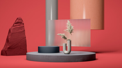 Gray round podium display on the juicy red background with dry plants. Natural showcase. Minimal design. 3d rendering.