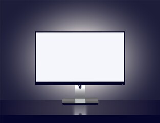 Blank monitor with backlight over gray wall in dark room. Vector illustration of monitor screen