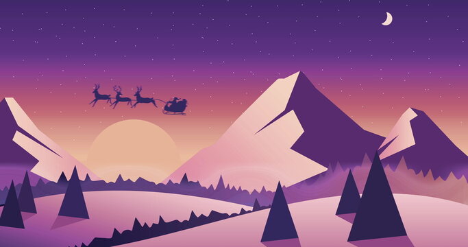 Silhouette of Santa Claus in sleigh being pulled by reindeers against moon and winter landscape