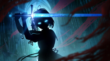 A young girl knight with a square hairstyle, stands in a fighting position with a magic sword claymore in her hands, it glows with blue ice magic, against the background of a Gothic sabor. 2d art © warmtail