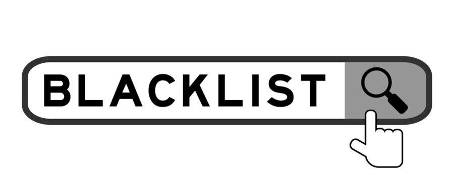 Search banner in word blacklist with hand over magnifier icon on white background