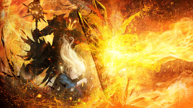 A knight in armor and helmet protects a little blonde girl with magical hair from the lava fiery breath of a dragon, holding his shield to the wall at the limit, against the background of fiery chaos