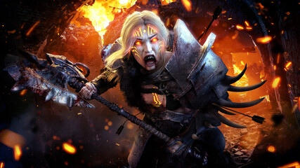 A fierce possessed barbarian woman in armor, she has vampire fangs, she rushes into battle with a scream and a huge bloody axe at the ready, her eyes burn with demonic fire. 3d rendering