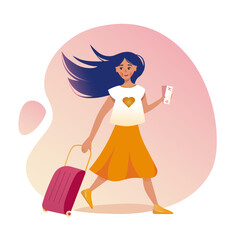 a modern girl travels with luggage, vector illustration 