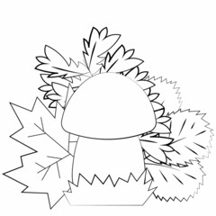 Mushroom and autumns leaf. Draw illustration in black and white