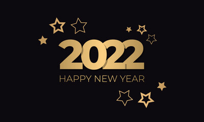 Happy new 2022 year black background with gold stars and lettering for holiday flyer, banner, greeting and invitation. Vector illustration EPS10.