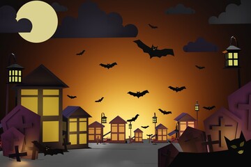 Happy Halloween, the village is full of bats in the sky, graves, on the night of the big full moon. for background, image 3D rendering