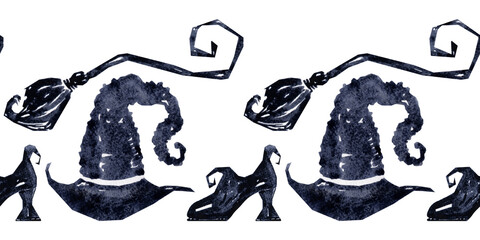 Watercolor seamless border with various Halloween theme elements
