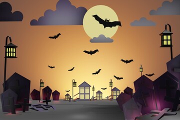 Happy Halloween, the village is full of bats in the sky, graves, on the night of the big full moon. for background, image 3D rendering