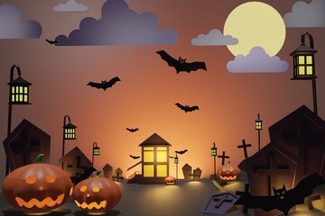 Happy Halloween, the village is full of bats in the sky, graves, pumpkins, on a big full moon night. for background, image 3D rendering