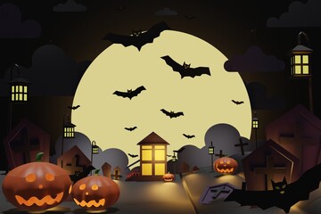 Happy Halloween, the village is full of bats in the sky, graves, pumpkins, on a big full moon night. for background, image 3D rendering