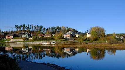 Fototapeta na wymiar Honefoss river and reflections, Honefoss, Buskerud, Norway