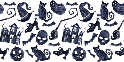 Naklejka premium Watercolor seamless border with various Halloween theme elements 