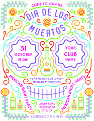 Dia de los Muertos announcing poster template with mexican style details.
