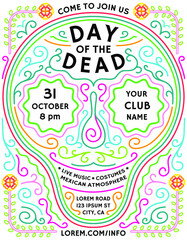Day of the Dead announcing poster template with abstract skull, marigolds and mexican style details.