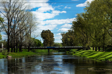 Paisaje con un puente y un rio y arboles. Vista de frente