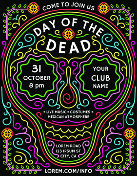Day of the Dead announcing poster template with bright mexican style details.