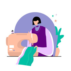 Young woman sews on a sewing machine