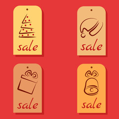 Tags Christmas sale. Christmas tree, Santa Claus hat, gift box, bell with a bow. Colored labels on a red background.
