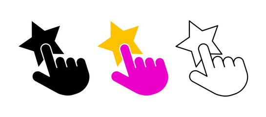 Thumb touches the star. Manual click-touch vector icon set. Silhouette, colored, linear icon set. Logo-web, icon design element.