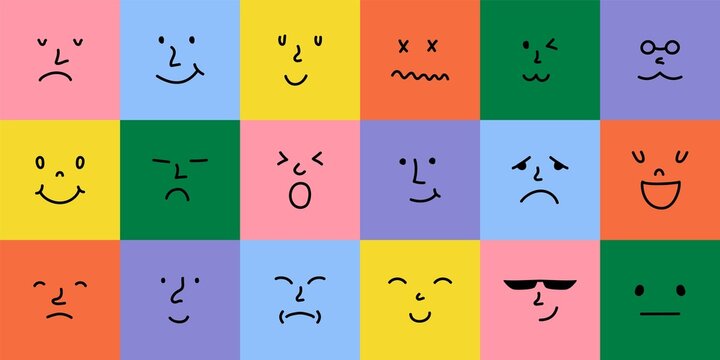 Abstract smile face icons. Cartoon emoji avatars, colorful emoticon character set, funny doodle isolated vector elements