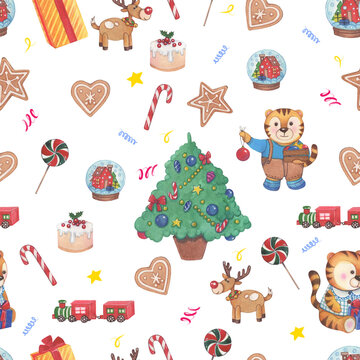 Watercolor hand painted seamless pattern with Christmas tree, tigers, gifts, snowflakes, lollipops. Symbol of the new year