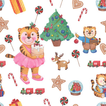 Watercolor seamless pattern with a cute little Tiger. The symbol of the new year 2022. Hand painted illustration for postcard, banner, web, decor, calendar.