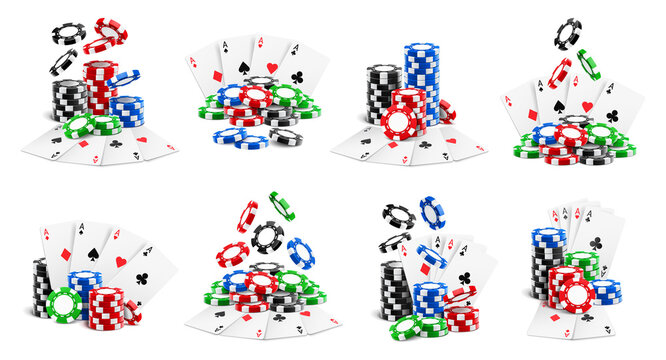 Casino set, falling chips and flying cards, heaps and stacks isolated realistic 3D icons. Vector gambling game playing tokens, stacks, poker aces clubs and diamonds, hearts and spades, online gaming