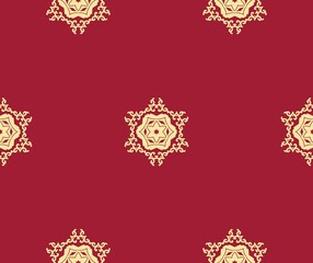 Red Christmas background with gold arabesque ornament. Christmas seamless background with snowflakes. Red, gold. Seamless vector pattern. For fabric, wallpaper, textile, packagin.
