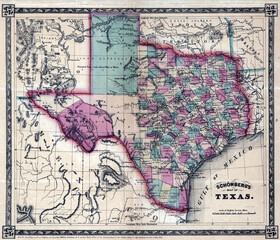 Old vintage 19th century framed map of Texas state of the United States
