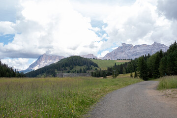 Corvara - August: Beautiful Panorama of Sasso della Croce group in the Dolomites Mountains from Corvara. Italy