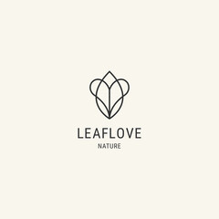 Leaf logo design template circled with heart, flat line style logo.