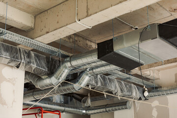 HVAC building interior air duct, Air Condition pipe line system on the ceiling.  Industrial...