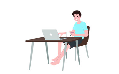 Focused young business man using a laptop, typing on keyboard, writing e-mail or message, chatting, shopping, successful freelancer working online on a computer, isolated on white background.