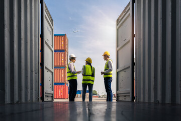 Group of staff worker standing and checking the containers box from cargo ship for export and import