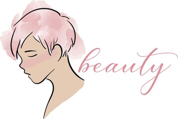 feminine beauty logo in pink watercolor illustration for beauty salon, hair salon, cosmetic, beauty products