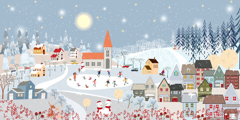 Winter landscape, Celebrating Christmas and new Year 2022 in village at night with happy polar bear playing playing ice skates in the park,Vector of horizontal banner winter wonderland in countryside - obrazy, fototapety, plakaty