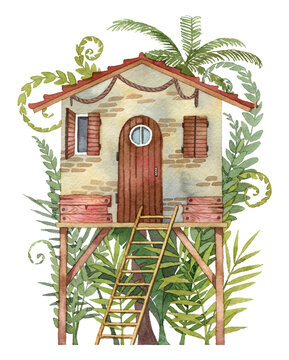 Watercolor small house facade with fern and palm trees. Hand painted architecture illustration of cute beach and forest house with ladder. Green rainforest tropical plants and ivy on the background