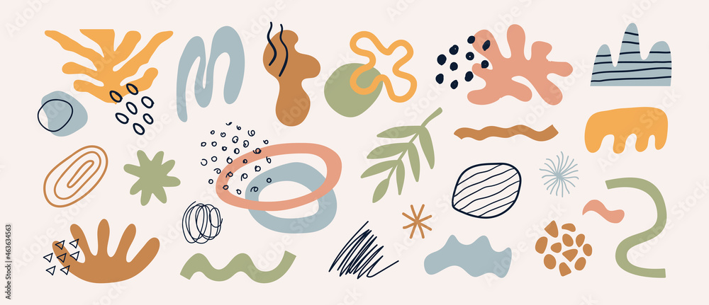 Poster modern set of different hand drawn various shapes, plants, tropical elements and doodle objects. abs