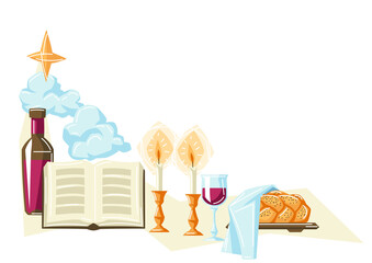 Shabbat Shalom background with religious objects. Background with Jewish symbols. Judaism concept illustration.