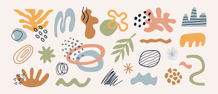 Modern set of different hand drawn various shapes, plants, tropical elements and doodle objects. Abstract contemporary trendy vector design. Natural organic illustration