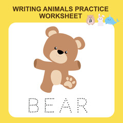 Writing animals practice worksheet. Educational printable worksheet. Exercises lettering game for kids. Vector illustration.