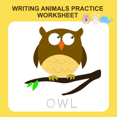 Writing animals practice worksheet. Educational printable worksheet. Exercises lettering game for kids. Vector illustration.